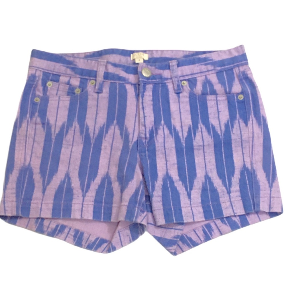J. CREW Stretch Purple Tribal Print Mid-Rise Denim Jean Shorts